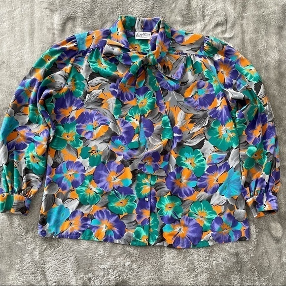 Vintage Lady Winn Necktie Bow Button Up Long Sleeve Bold Floral Print Blouse 1X - Picture 1 of 7